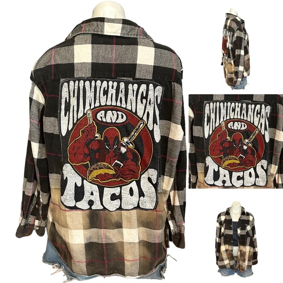 CheekyMontana Tops - Deadpool Tacos Plaid Flannel Shirt XL Oversize Shacket Upcycle Unique Marvel